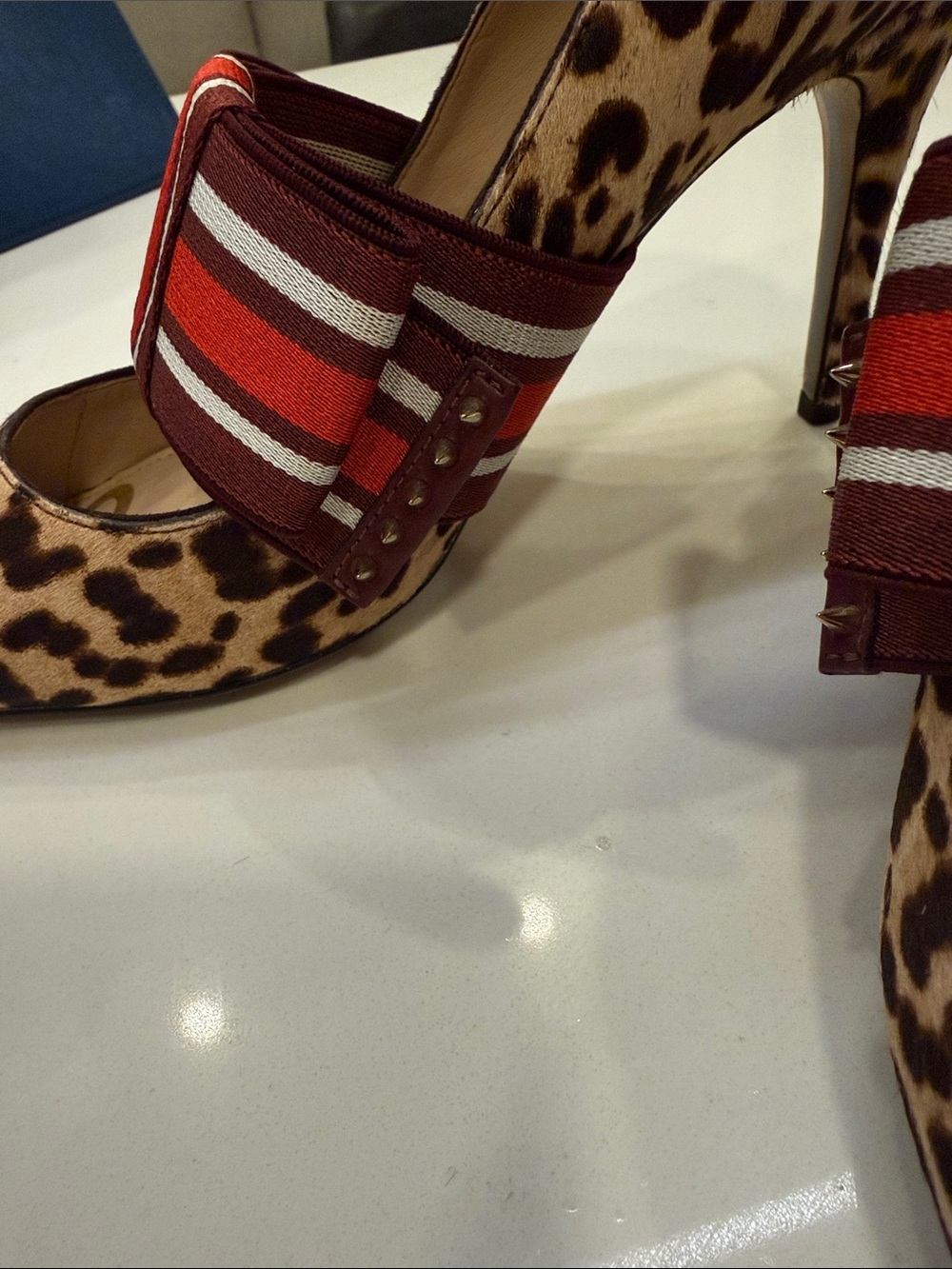 Sam Edelman Leopard Print Pointed Toe Pumps with Red Striped Bow Accent - Picture 3 of 3